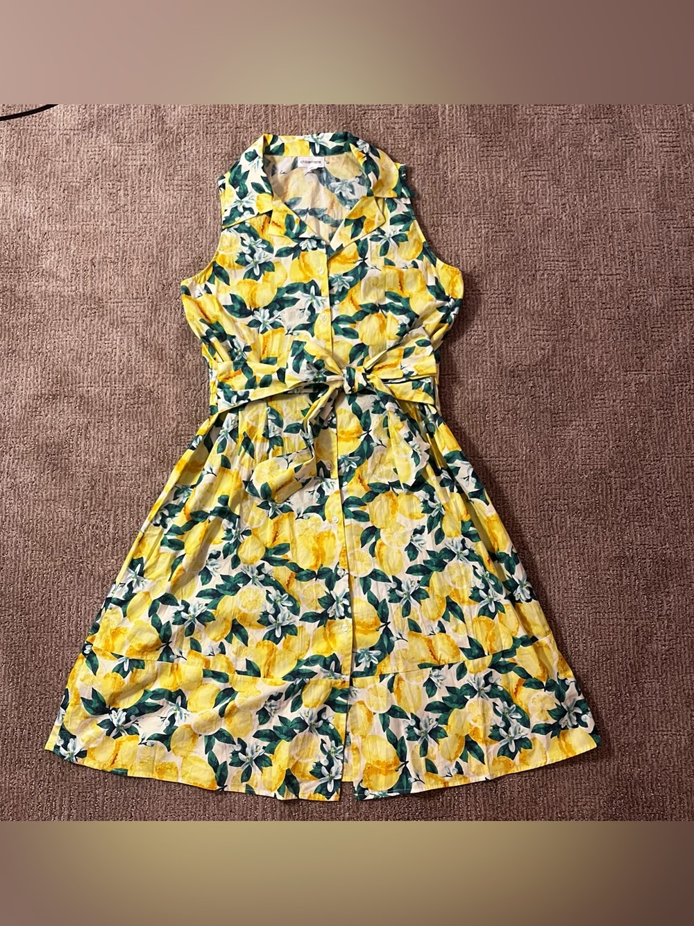 Sleeveless Yellow Lemon Print Tie-Waist Dress